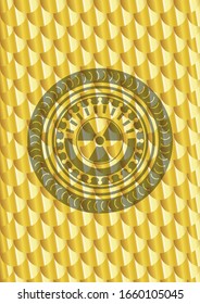 icono nuclear, radioactivo dentro del emblema dorado. Patrón de escalas. Ilustración vectorial. Detallado.