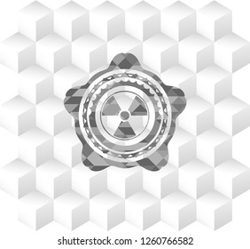 nuclear, radioactive icon inside grey emblem. Vintage with geometric cube white background