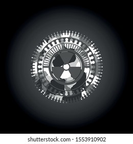 nuclear, radioactive icon inside grey camo emblem