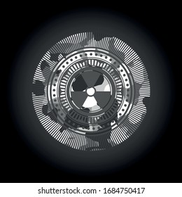 ícono nuclear, radioactivo dentro del emblema gris del camo