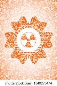 nuclear, radioactive icon inside orange mosaic emblem with background