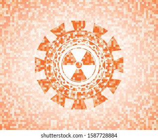 nuclear, radioactive icon inside orange tile background illustration. Square geometric mosaic seamless pattern with emblem inside.