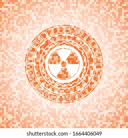nuclear, radioactive icon inside orange tile background illustration. Square geometric mosaic seamless pattern with emblem inside.
