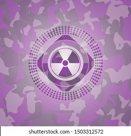 nuclear, radioactive icon inside pink and purple camo texture