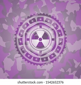 nuclear, radioactive icon inside pink and purple camo texture