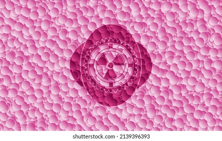 nuclear, radioactive icon inside pink emblem with bubbles background. Vector Illustration. Detailed. 