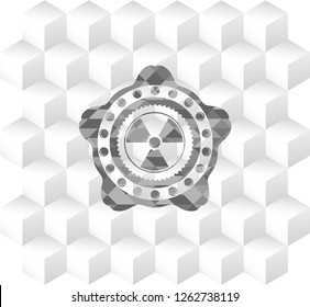 nuclear, radioactive icon inside realistic grey emblem with cube white background