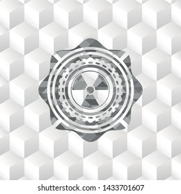 nuclear, radioactive icon inside realistic grey emblem with geometric cube white background