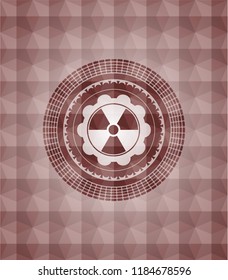 nuclear, radioactive icon inside red emblem or badge with geometric pattern background. Seamless.