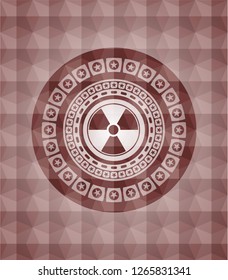 nuclear, radioactive icon inside red badge with geometric pattern background. Seamless.