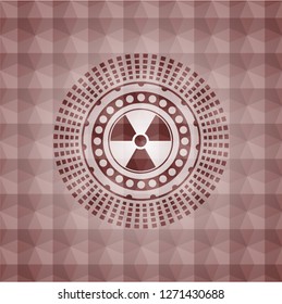 nuclear, radioactive icon inside red emblem or badge with abstract geometric pattern background. Seamless.