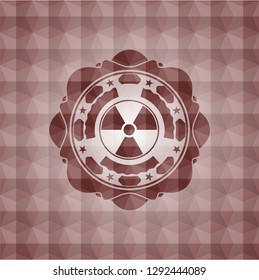 nuclear, radioactive icon inside red emblem with geometric pattern background. Seamless.