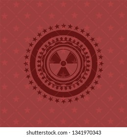 nuclear, radioactive icon inside red emblem. Retro