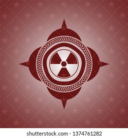 nuclear, radioactive icon inside red emblem. Vintage.