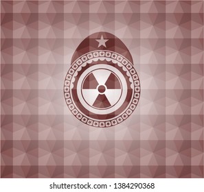 nuclear, radioactive icon inside red emblem with geometric pattern. Seamless.