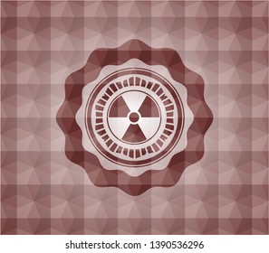 nuclear, radioactive icon inside red emblem with geometric pattern. Seamless.
