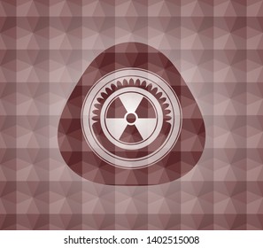 nuclear, radioactive icon inside red emblem with geometric background. Seamless.