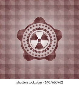 nuclear, radioactive icon inside red emblem with geometric pattern. Seamless.