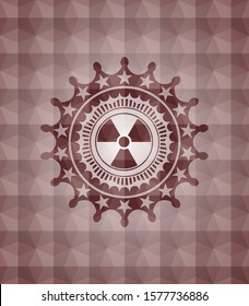 nuclear, radioactive icon inside red badge with geometric pattern background. Seamless.