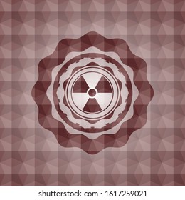 nuclear, radioactive icon inside red badge with geometric pattern. Seamless.