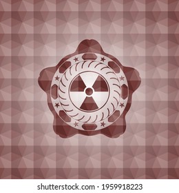 nuclear, radioactive icon inside red emblem with geometric pattern. Seamless. 