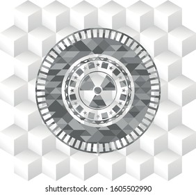 nuclear, radioactive icon inside retro style grey emblem with geometric cube white background