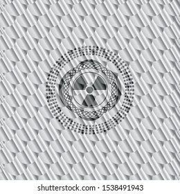 nuclear, radioactive icon inside silver color badge. Scales pattern. Vector Illustration. Detailed.
