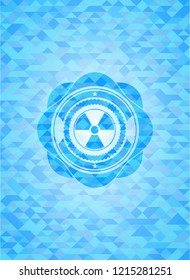 nuclear, radioactive icon inside sky blue emblem. Mosaic background