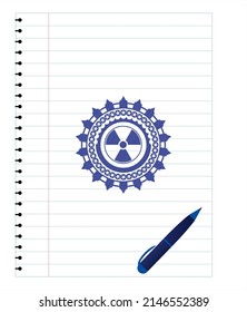 nuclear, radioactive icon pen draw. Blue ink. Vector Illustration. Detailed. 