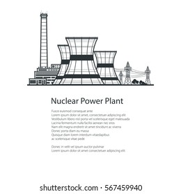 Nuclear Reactor and Power Lines and down Text, Silhouette Thermal Power Station , Poster Brochure Flyer Design, Black and White Vector Illustration 
