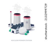 Nuclear reactor power plant station. Electric radioactive factory energy generation with cooling towers and buildings. Atomic electricity generator. Isolated vector illustration on white background.