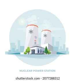 Nuclear reactor power plant station. Electric radioactive factory energy generation with cooling towers and buildings. Atomic electricity generator. Isolated vector illustration on white background.