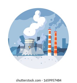 nuclear reactor with smoke clouds on white background vector illustration design