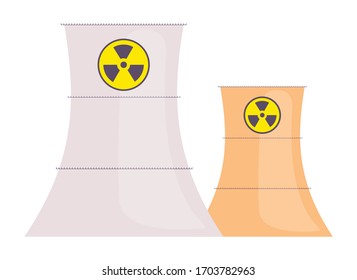Nuclear reactors cartoon vector illustration. Industrial power plant, chemical factory constructions flat color objects. Large cooling chimneys isolated on white background. Atomic energy generation