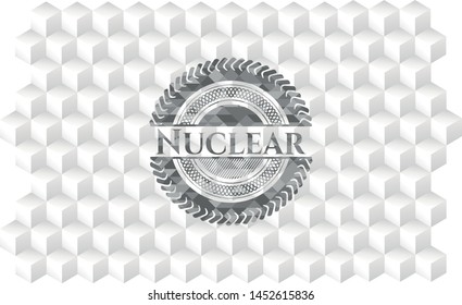 Nuclear realistic grey emblem with cube white background