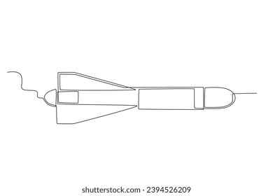 Un cohete nuclear en el aire. Dibujo de una sola línea de armas nucleares