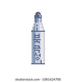 Nuclear rocket pixel art icon, bullet. Nuclear weapons isolated pixel art 80s style vector illustration. Design sticker, logo, app.