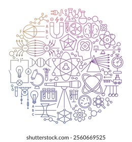 Nuclear Science Line Icon Circle Design. Vector Illustration of Outline Design. Physics, Biology, Chemistry and Laboratory Objects.