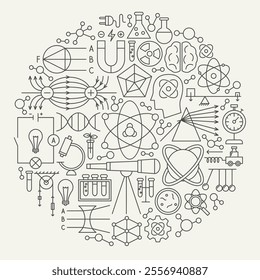 Nuclear Science Line Icons Circle. Vector Illustration of Outline Design. Physics, Biology, Chemistry and Laboratory Objects.