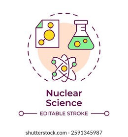 Nuclear science multi color concept icon. Behavior, structure and interactions of atomic nuclei. Radioactivity. Round shape line illustration. Abstract idea. Graphic design. Easy to use in article