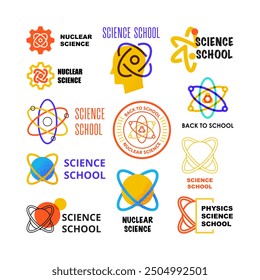 Conjunto de etiquetas de escuela de Ciencia nuclear. Ilustración vectorial del objeto de Educación Emblem. Aprende Símbolo Universitario Aislado sobre Fondo Blanco.