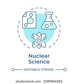 Nuclear science soft blue concept icon. Behavior, structure and interactions of atomic nuclei. Radioactivity. Round shape line illustration. Abstract idea. Graphic design. Easy to use in article