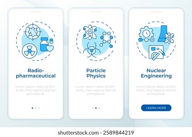 Nuclear sciences blue onboarding mobile app screen. Radiation. Walkthrough 3 steps editable graphic instructions with linear concepts. UI, UX, GUI template