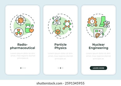 Nuclear sciences onboarding mobile app screen. Studying radiation. Walkthrough 3 steps editable graphic instructions with linear concepts. UI, UX, GUI template