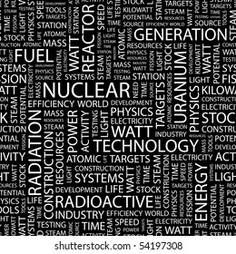 NUCLEAR. Seamless vector pattern with word cloud.