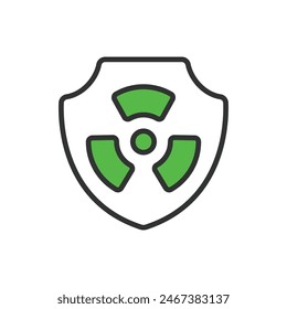 Nuclear shield, in line design, green. Nuclear, Shield, Protection, Defense, Safety, Radiation, Atomic on white background vector. Nuclear editable stroke icon.