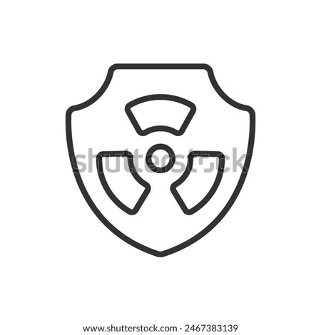 Nuclear shield, in line design. Nuclear, Shield, Protection, Defense, Safety, Radiation, Atomic on white background vector. Nuclear editable stroke icon.