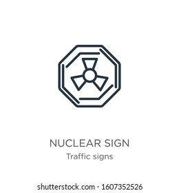Nuclear sign icon. Thin linear nuclear sign outline icon isolated on white background from traffic signs collection. Line vector sign, symbol for web and mobile