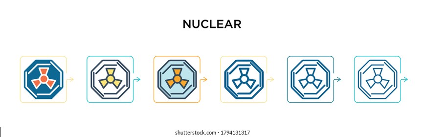 Nuclear sign vector icon in 6 different modern styles. Black, two colored nuclear sign icons designed in filled, outline, line and stroke style. Vector illustration can be used for web, mobile, ui
