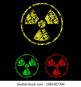 A nuclear signal on a black background warns of deadly danger. Sign of radiation in different colors.